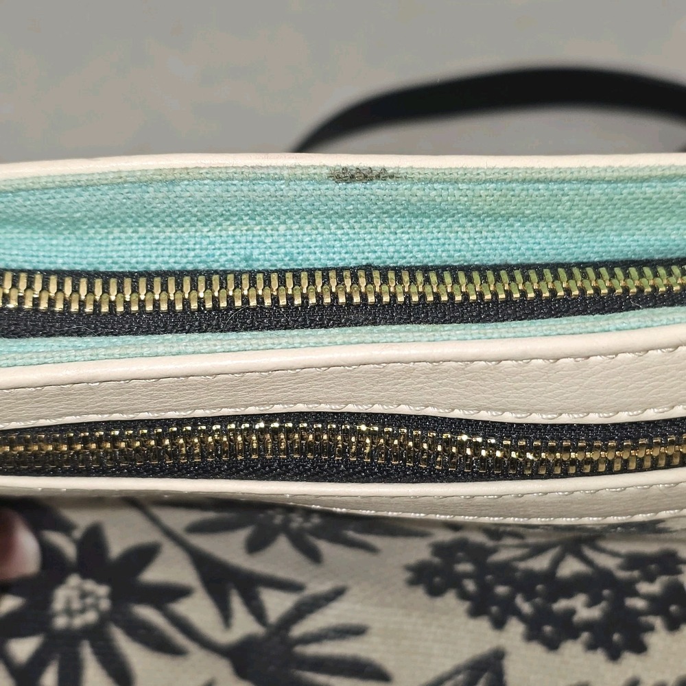 Spartina 449 Linen Floral Crossbody Bag Black White Cream Trim Turquoise Lining - Picture 12 of 12